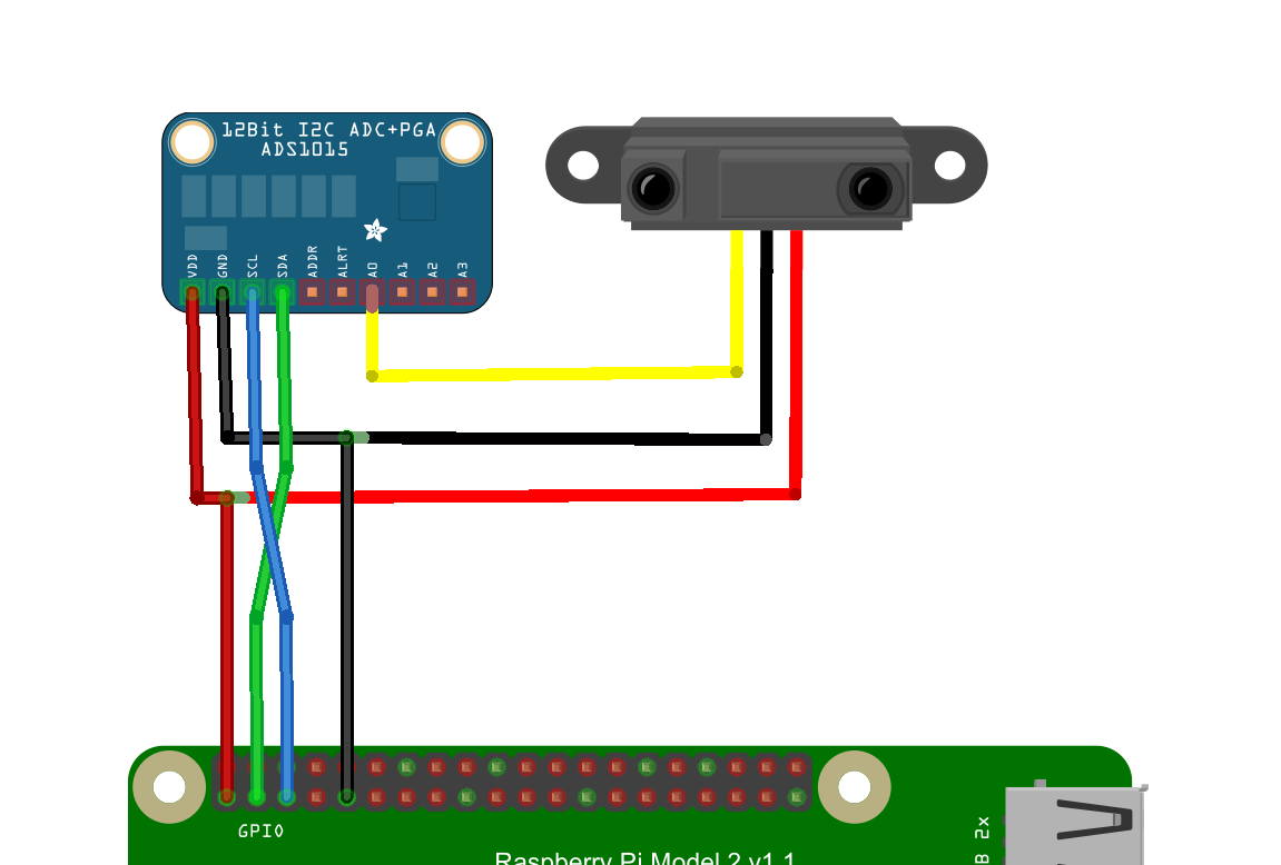Wiring details of Sharp sensor and Adafruit ADS1015 ADC convertor